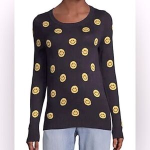 Saks Fifth Avenue Smiley Face Pullover Sweater Navy Yellow Medium